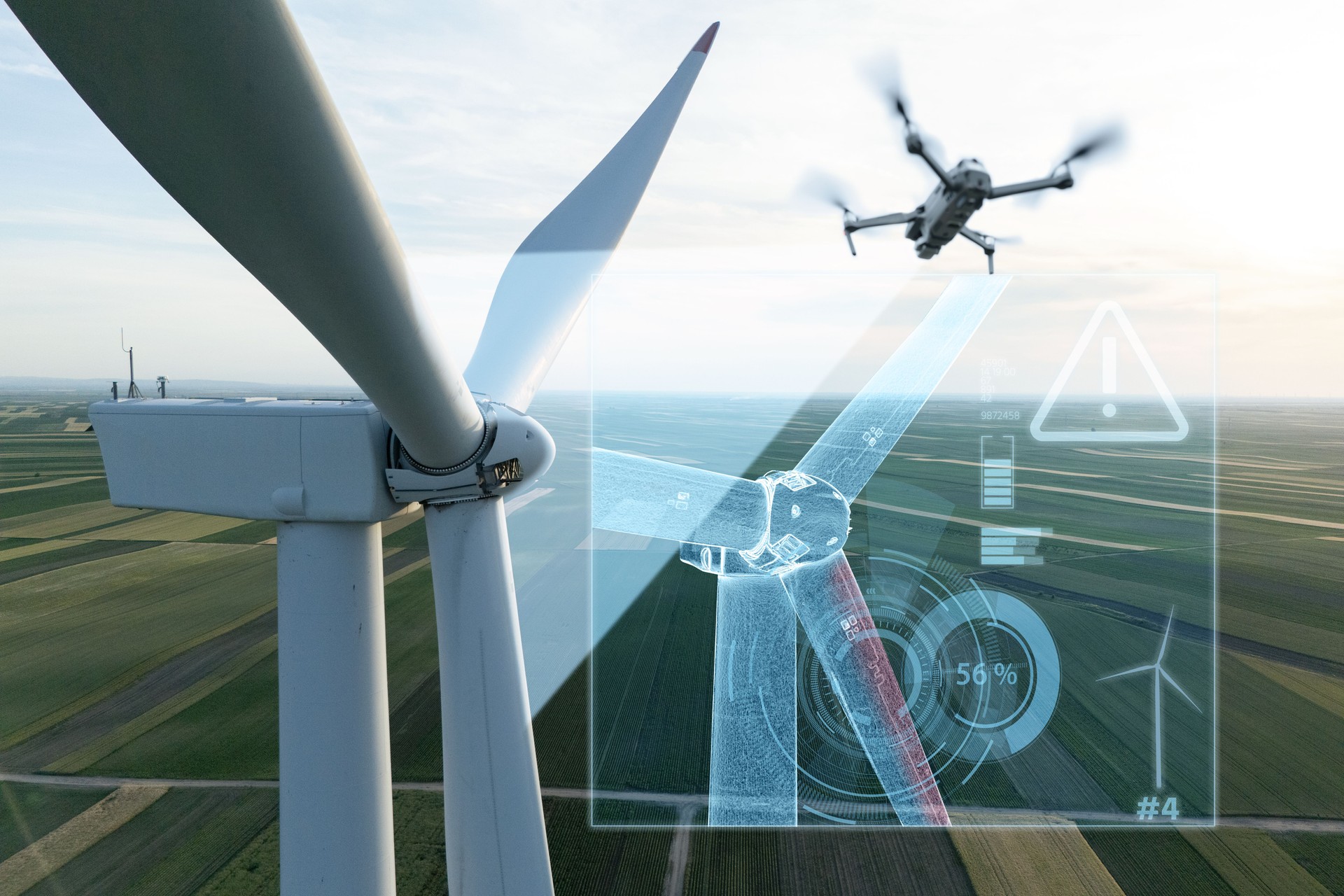 Close up of wind turbine propeller. Industrial drone inspects wind turbines. Technological infographic